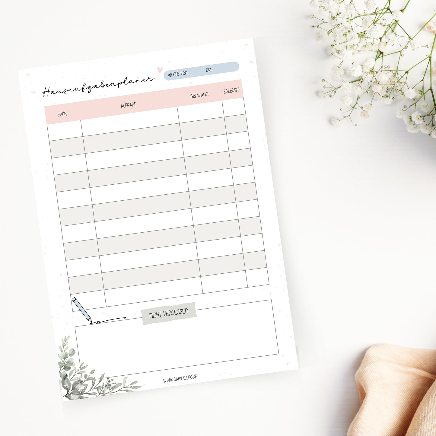 Hausaufgabenplaner laminiert A5 - wiederverwendbar