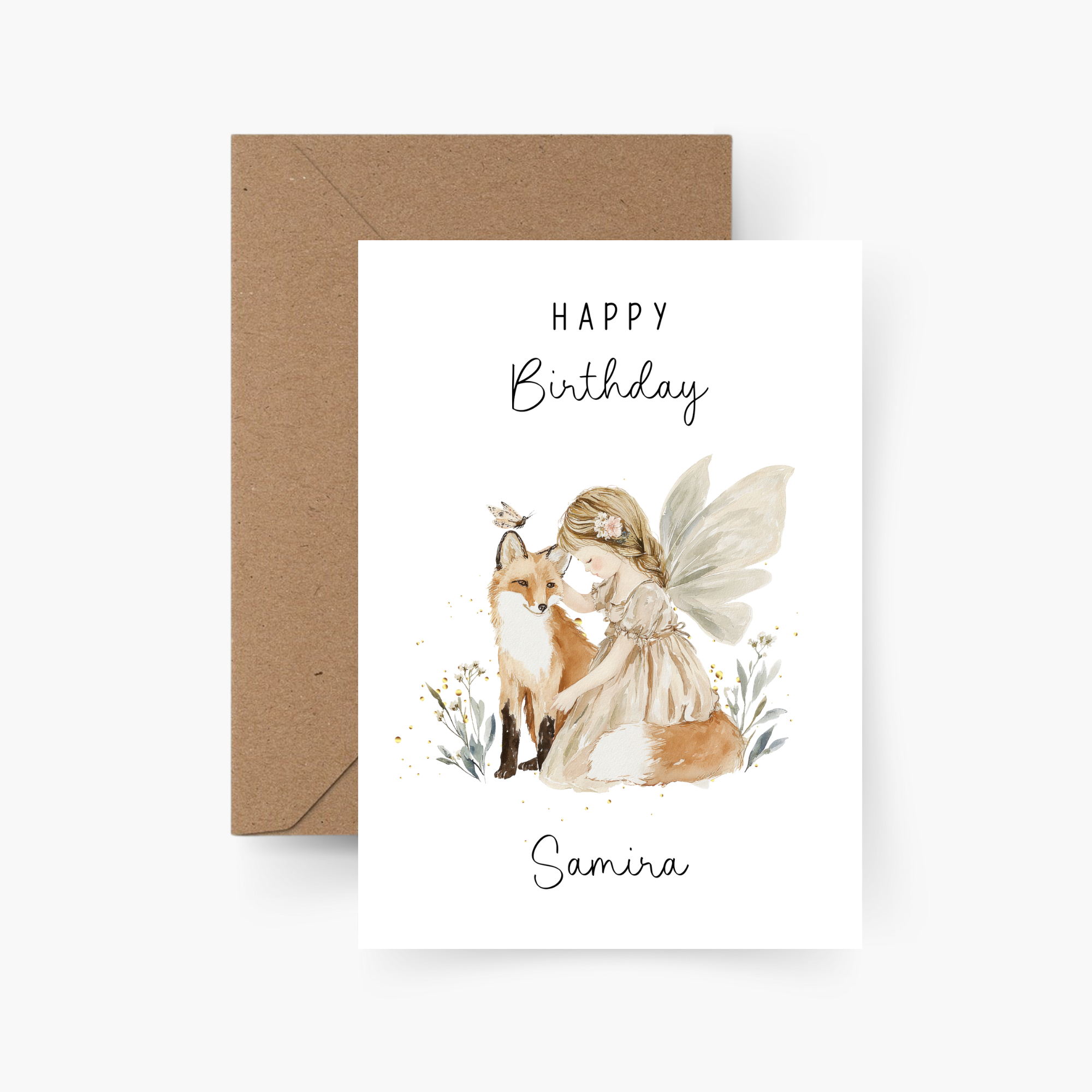 Geburtstagskarte Fee mit Fuchs personalisiert mit Namen A6