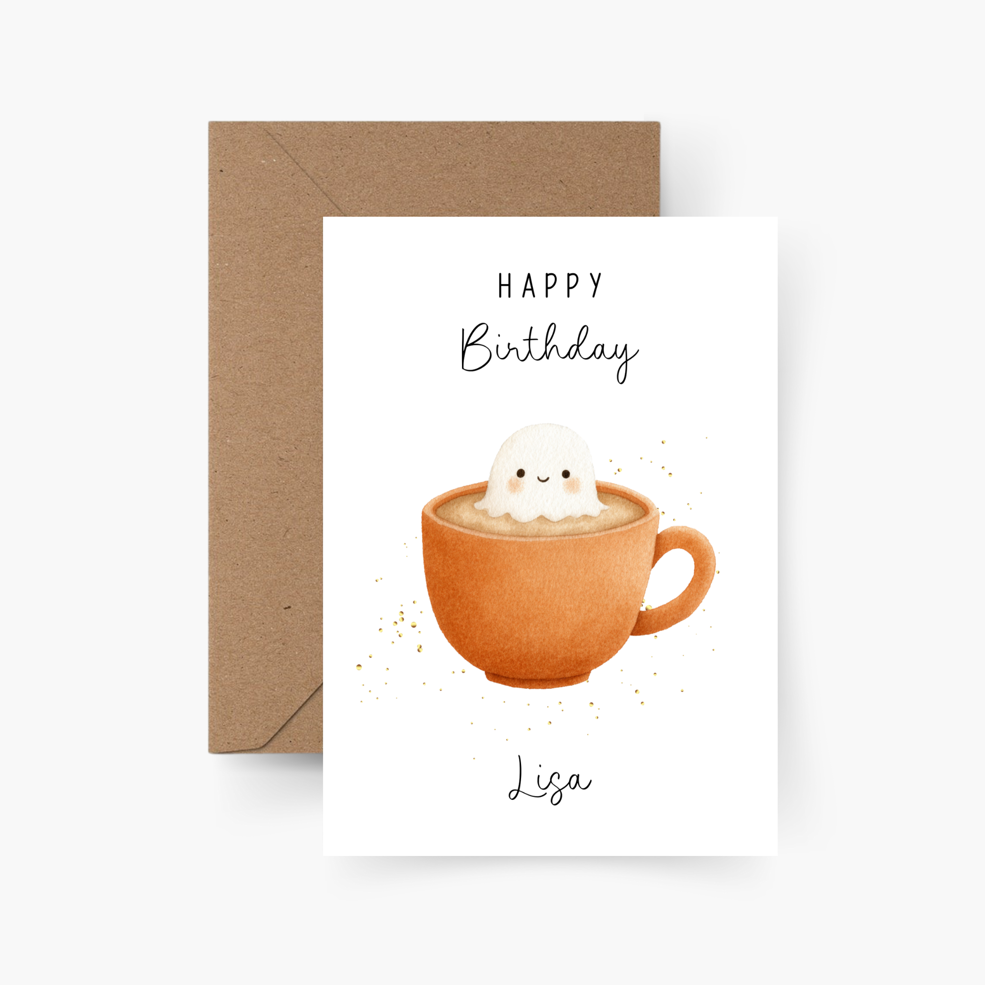 Geburtstagskarte Geist in Tasse personalisiert mit Namen A6