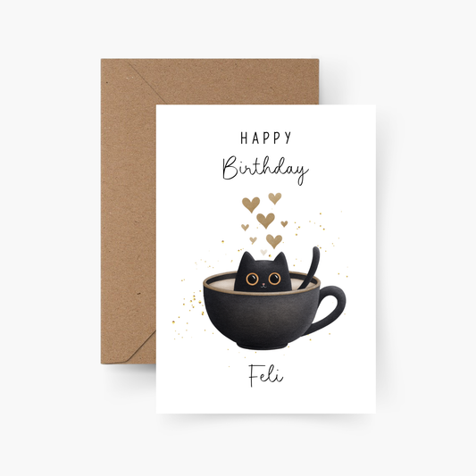 Geburtstagskarte Katze in Tasse personalisiert mit Namen A6