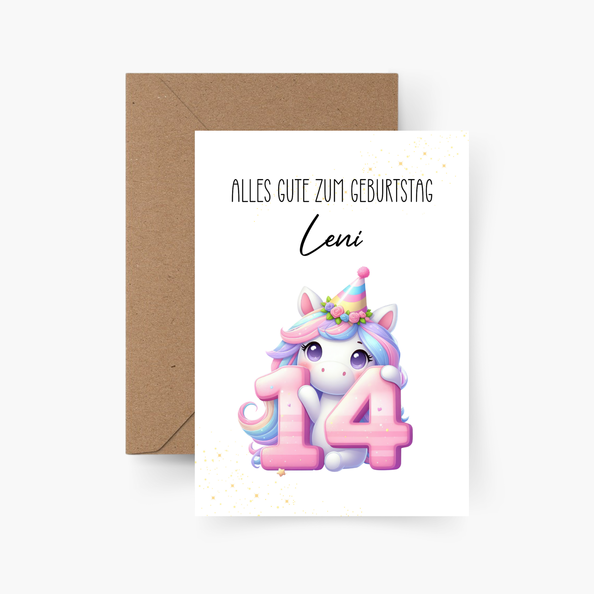 Geburtstagskarte 14. Geburtstag Einhorn personalisiert mit Namen A6