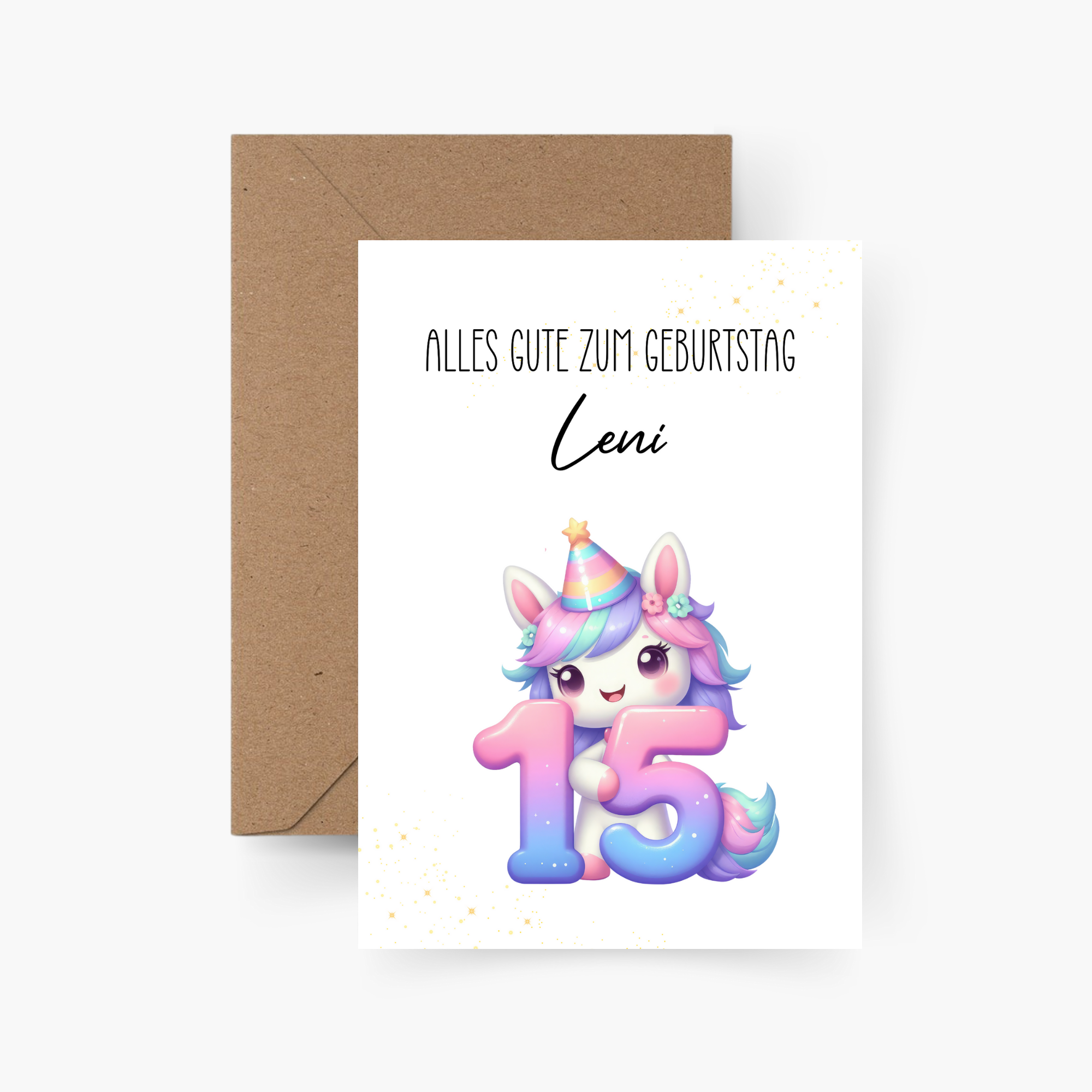 Geburtstagskarte 15. Geburtstag Einhorn personalisiert mit Namen A6
