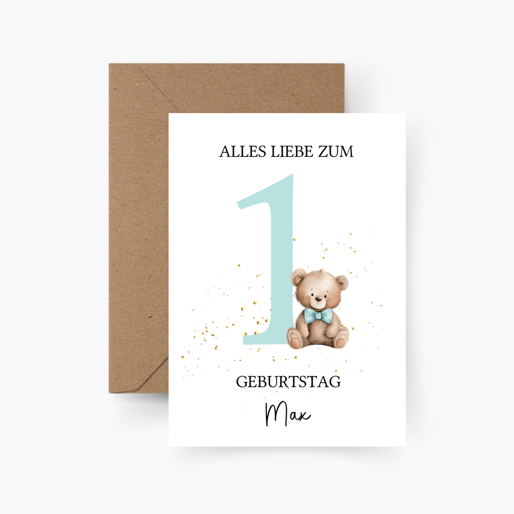 Geburtstagskarte Bär mit Zahl blau personalisiert mit Namen A6