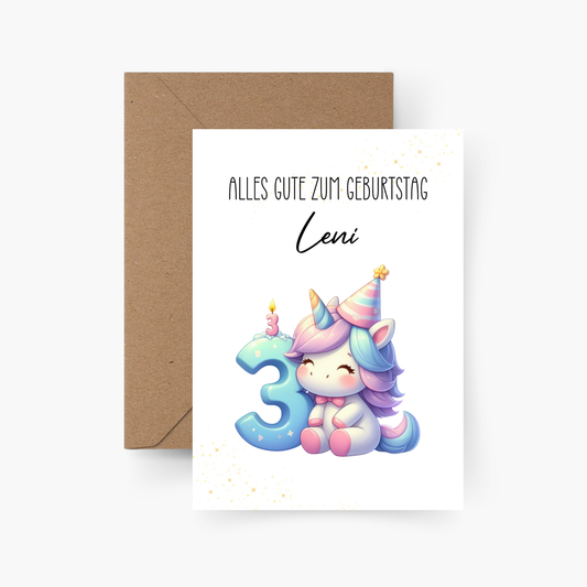 Geburtstagskarte 3. Geburtstag Einhorn personalisiert mit Namen A6