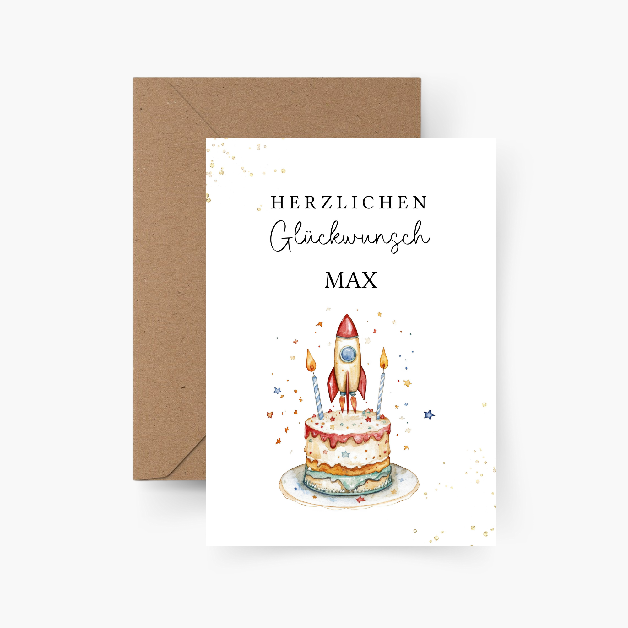 Geburtstagskarte Torte mit Rakete personalisiert mit Namen A6