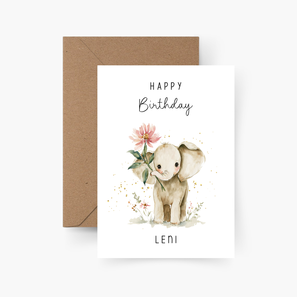 Geburtstagskarte Elefant mit Blume personalisiert mit Namen A6