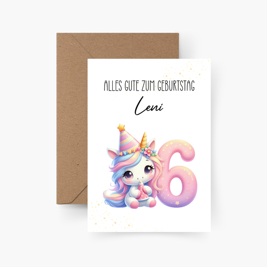 Geburtstagskarte 6. Geburtstag Einhorn personalisiert mit Namen A6