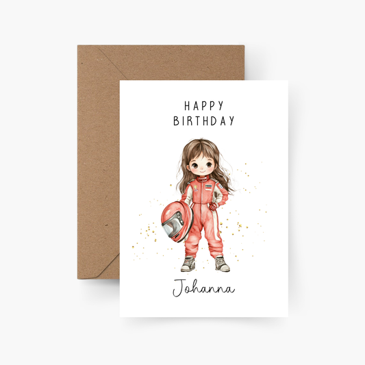 Geburtstagskarte Rennfahrerin personalisiert mit Namen A6
