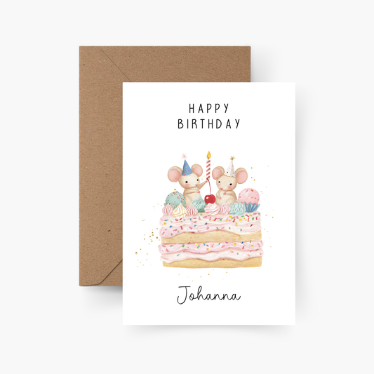Geburtstagskarte Torte mit Maus personalisiert mit Namen A6