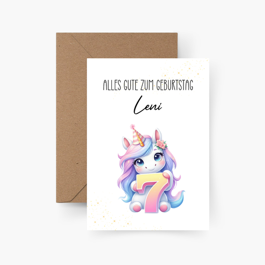 Geburtstagskarte 7. Geburtstag Einhorn personalisiert mit Namen A6