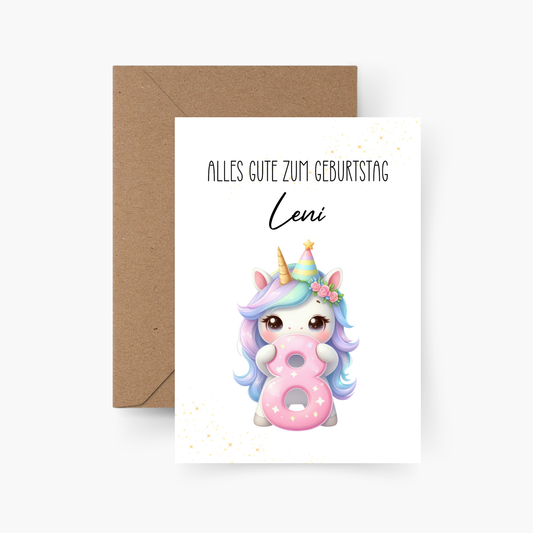 Geburtstagskarte 8. Geburtstag Einhorn personalisiert mit Namen A6