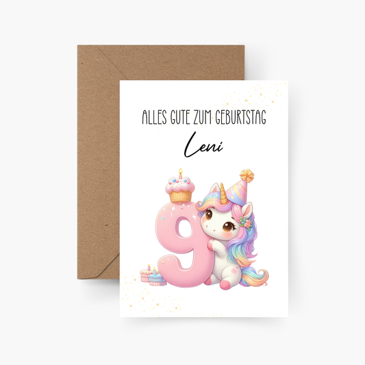 Geburtstagskarte 9. Geburtstag Einhorn personalisiert mit Namen A6