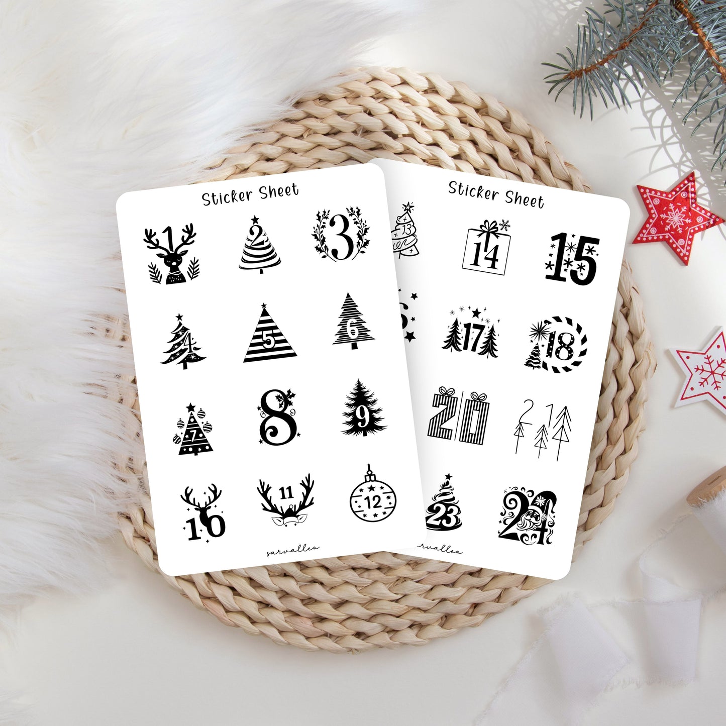 Adventskalender Zahlen Sticker Sheet schwarz weiß