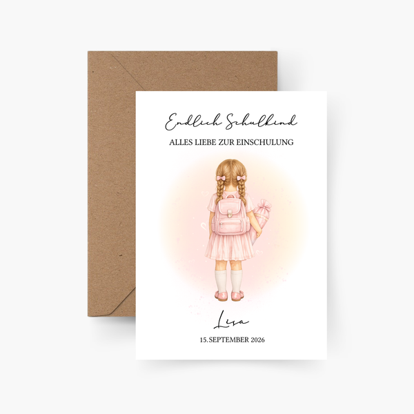 Karte zur Einschulung Mädchen personalisiert mit Name A6