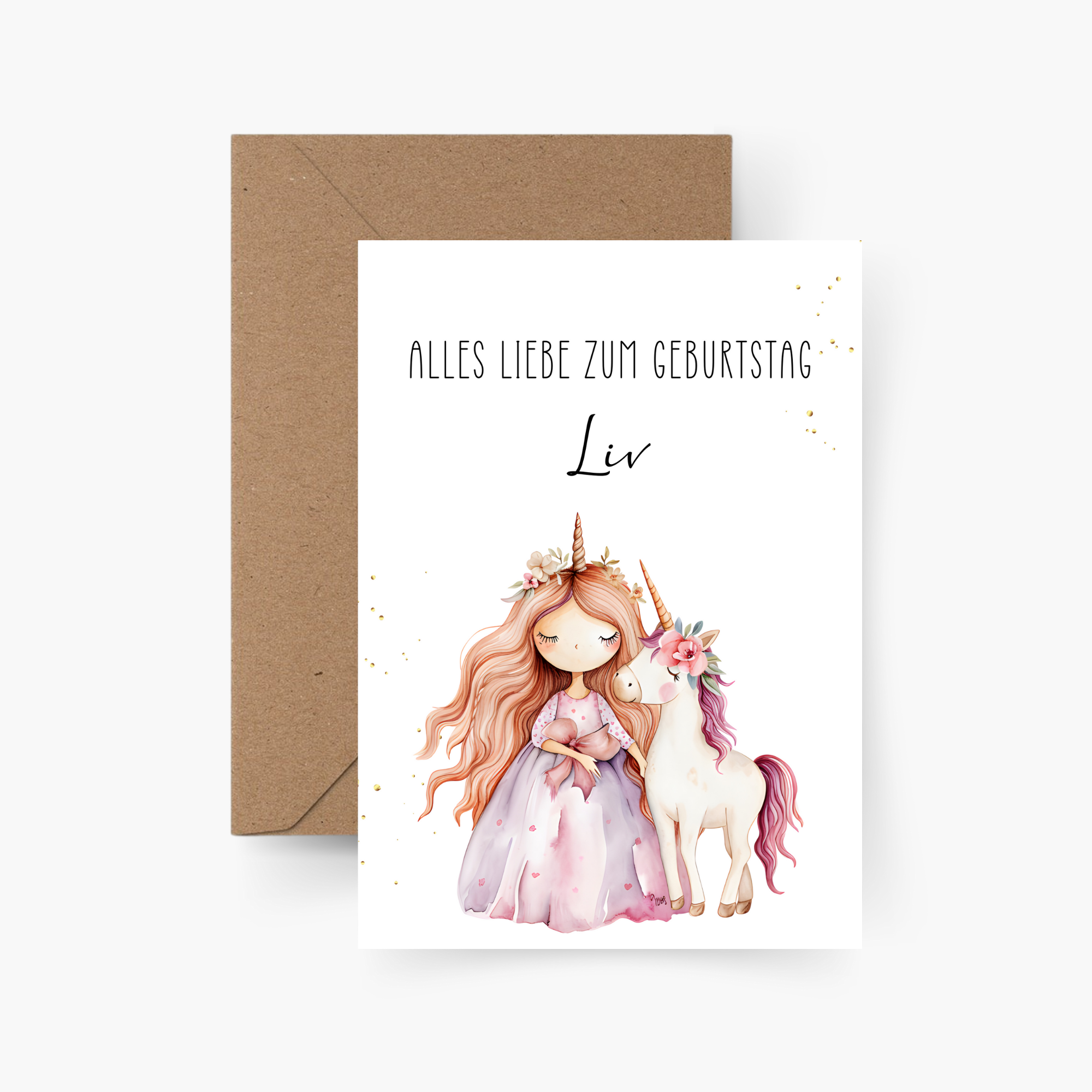 Geburtstagskarte Einhorn mit Mädchen personalisiert mit Namen A6