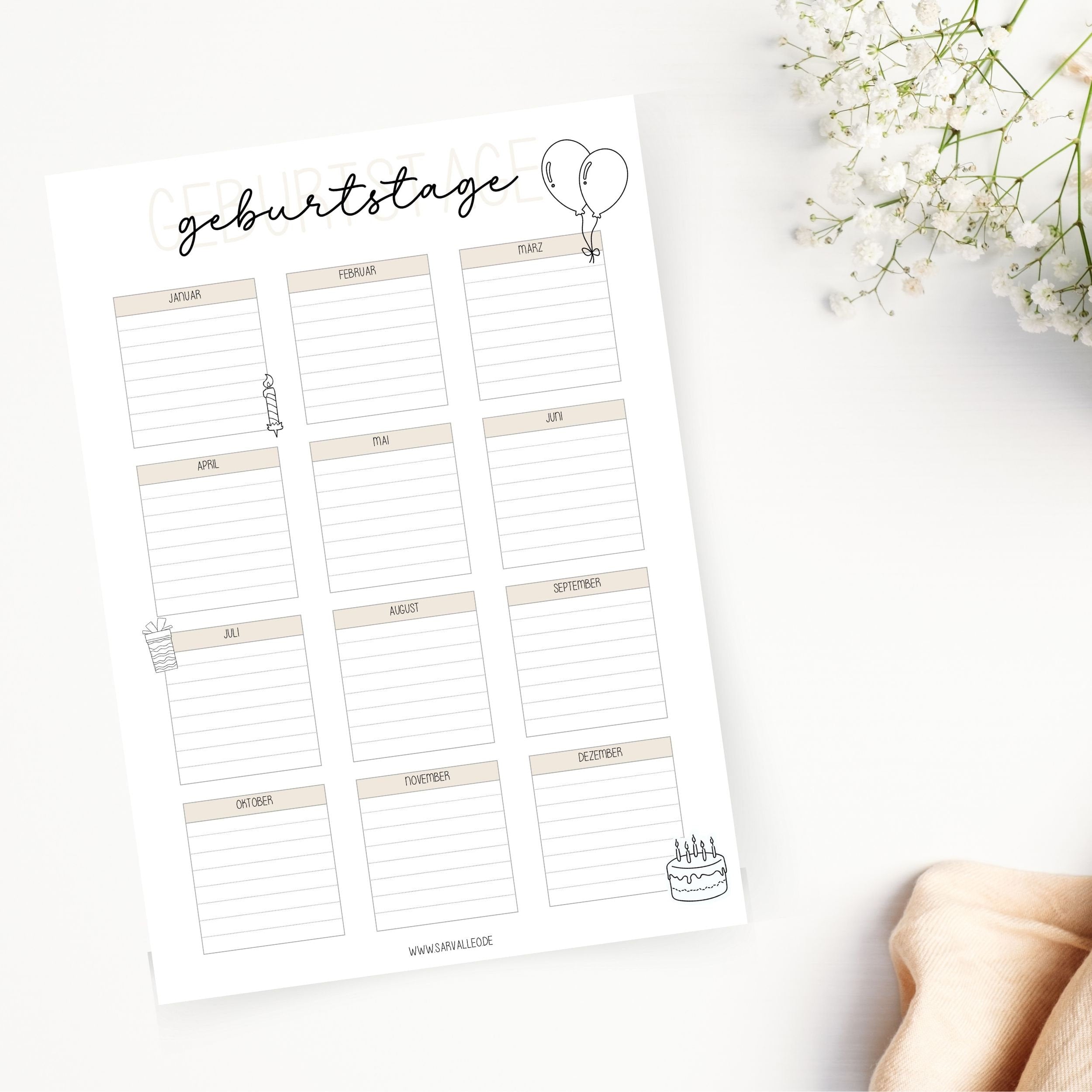 Geburtstagskalender laminiert A4 - wiederverwendbar